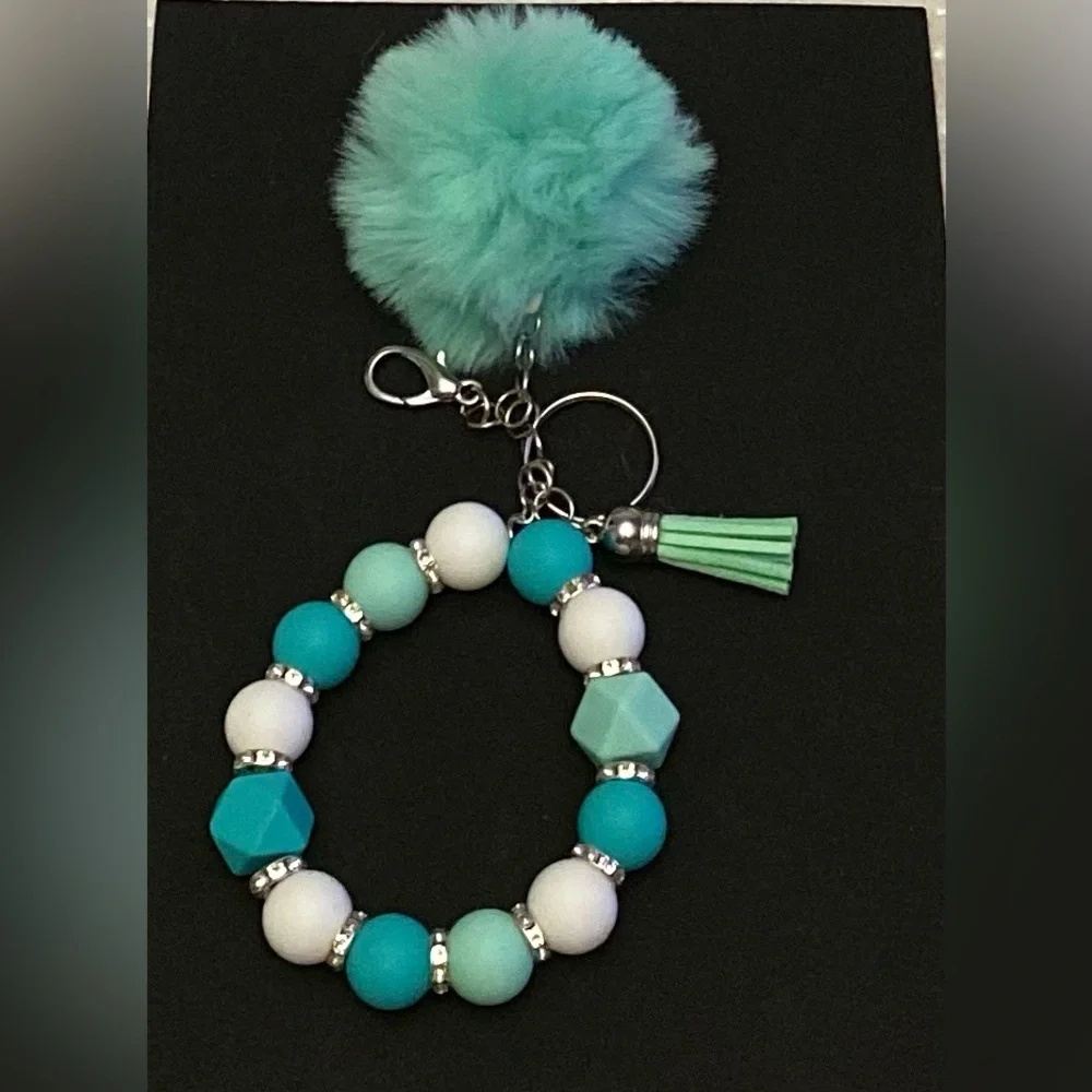 Turquoise and white beaded bracelet keychain